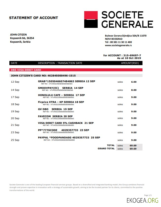 Modèle de justificatif de domicile bancaire Serbie Société Générale au format Word et PDF
